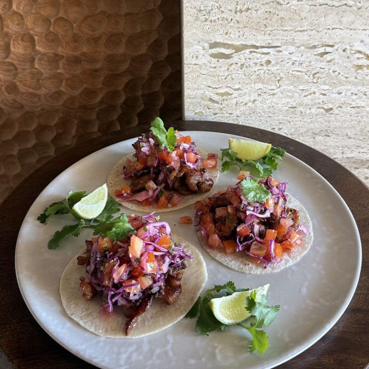 Moo Ping Tacos with tomato coriander onion salsa
