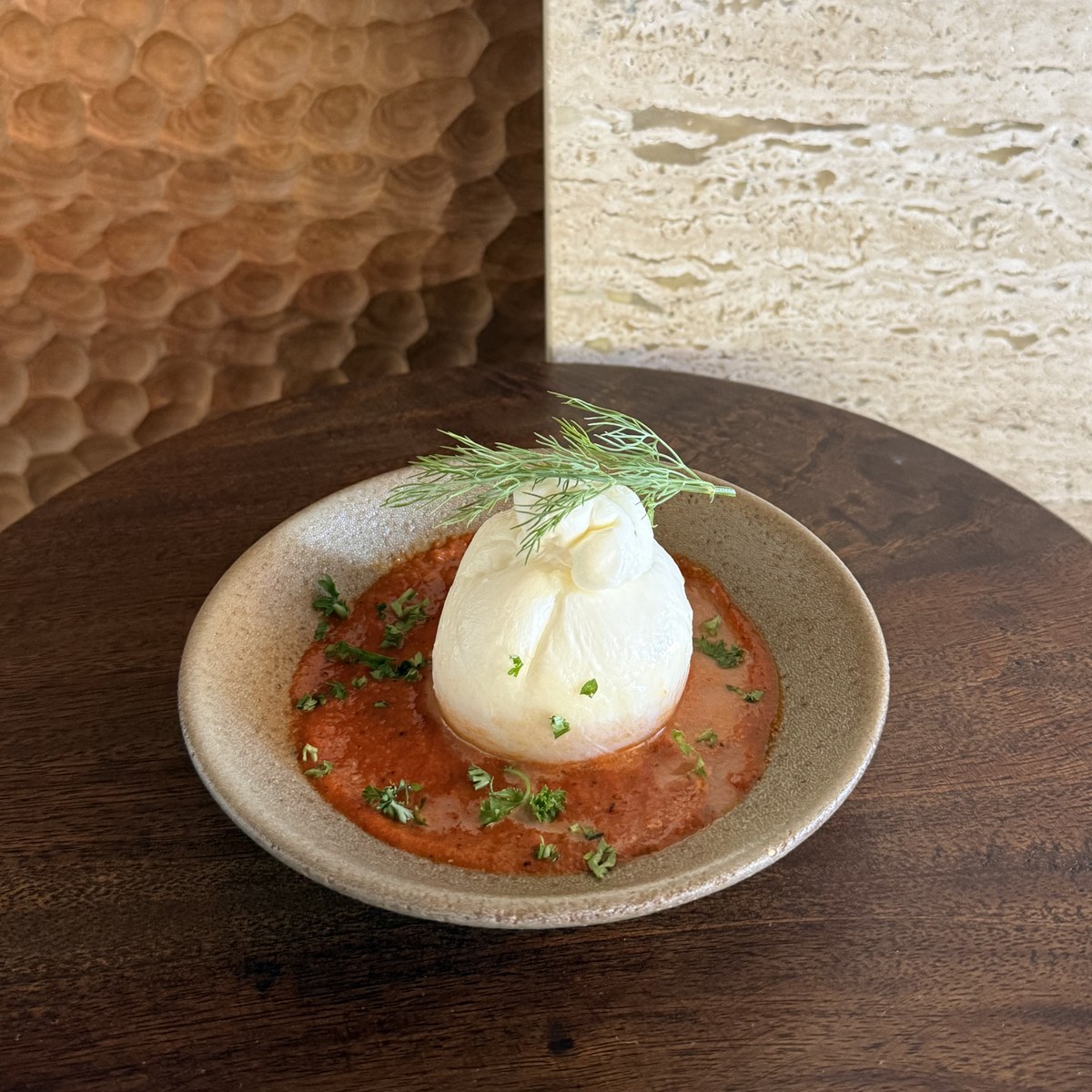 Burrata Bomb with romesco sauce and filone toast