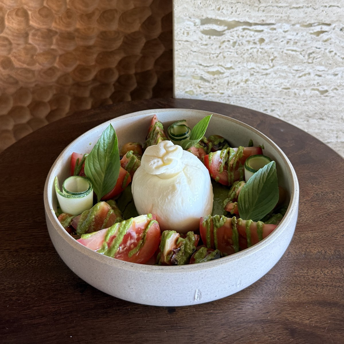 Burrata Tomato Salad with basil and Thai basil pesto