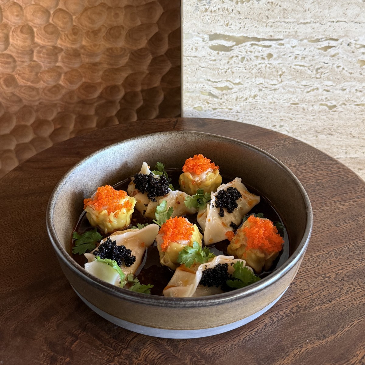 Lucky Dumplings with ebiko and chilli oil